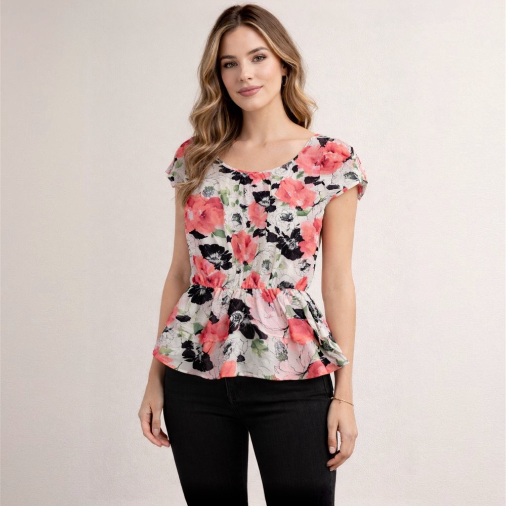 Sunny Leigh Floral Peplum Blouse Top Pink Black White Size Large L